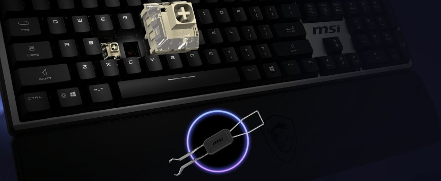 Klávesnice MSI Strike Pro Wireless Silent, CZ layout černá Detail snadno vyndavacích tlačítek na MSI Strike Pro Wireless Silent