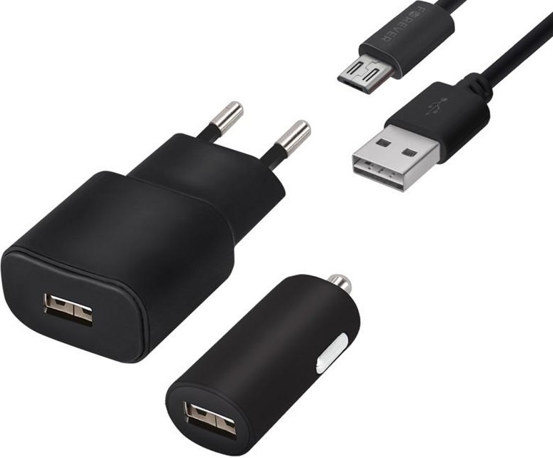 Nabíječka do sítě Forever 1× USB + adaptér do auta 1× USB + micro USB kabel 1,2 m, černá