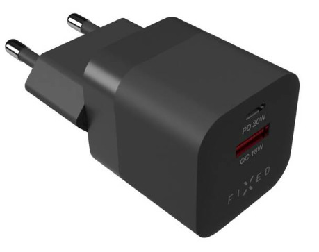 Nabíječka do sítě FIXED Mini s USB-C PD/USB QC 3.0, 20W černá