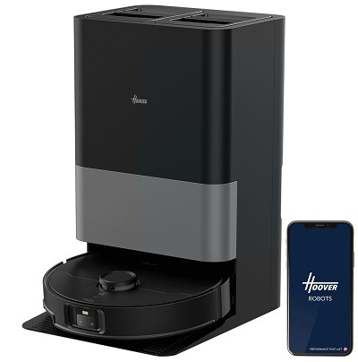 Robotický vysavač Hoover HG870HU 011 ve stanici a mobil s aplikací