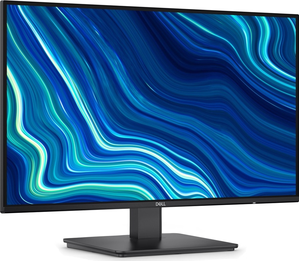Monitor Dell z šikmého pohledu zepředu v černém provedení, s tenkými rámečky a centrálním stojanem.