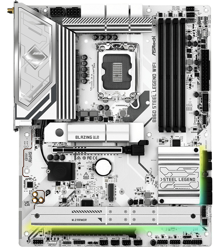 Základní deska ASRock B860 Steel Legend WiFi Základní deska ASRock B860 Steel Legend WiFi v bílém provedení s robustními chladiči a DDR5 sloty