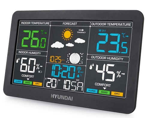 Meteostanice Hyundai WS 4480 ukazující naměřené hodnoty, natočená z boku