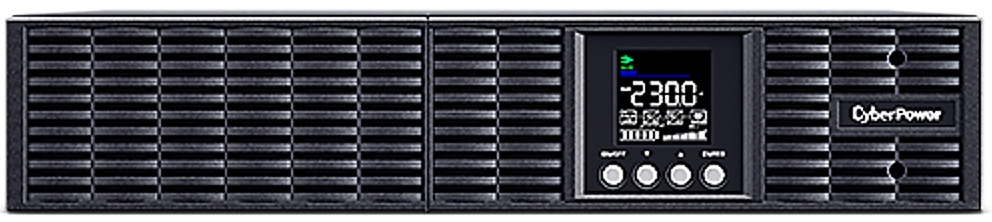 Záložní zdroj CyberPower Professional Advanced OnLine S 1500VA/1350W,2U černý Na obrázku je přední panel rackového UPS CyberPower v černém 2U provedení. Většinu plochy zabírá ventilační mřížka, uprostřed je malý LCD displej s hodnotou 230,0 a pod ním čtyři kulatá ovládací tlačítka. Vpravo je logo CyberPower a celé zařízení působí profesionálně a robustně.