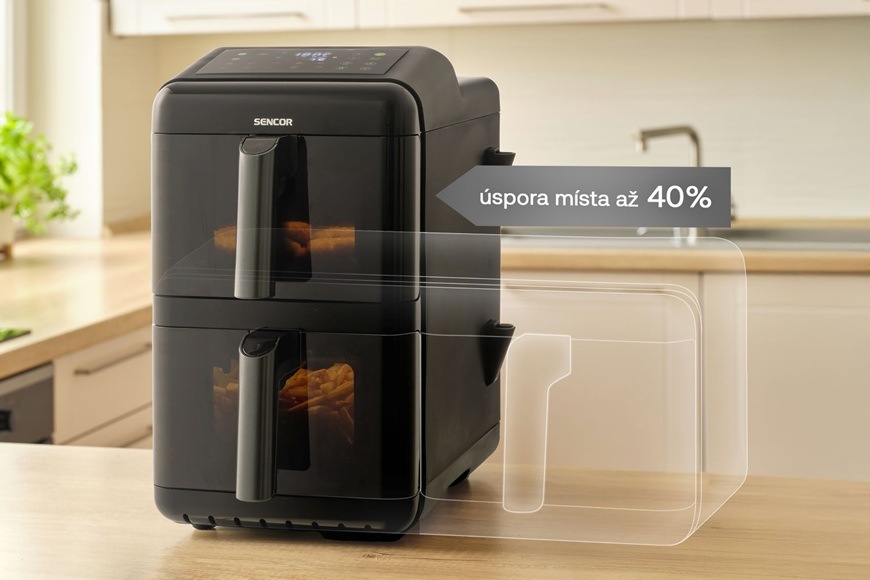 Fritéza horkovzdušná Sencor SFR 1250BK černá Horkovzdušná fritéza Sencor SFR 1250BK v kompaktním provedení na kuchyňské lince s vizuálním znázorněním úspory místa až 40 %, které ukazuje menší půdorys spotřebiče. Dvojitý zásuvný systém umožňuje efektivní přípravu více pokrmů bez zbytečného zabírání prostoru.