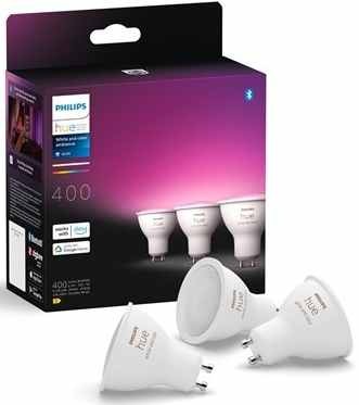 3 chytré žárovky Philips Hue GU10 White and Color Ambiance 400 lm v originálním balení.