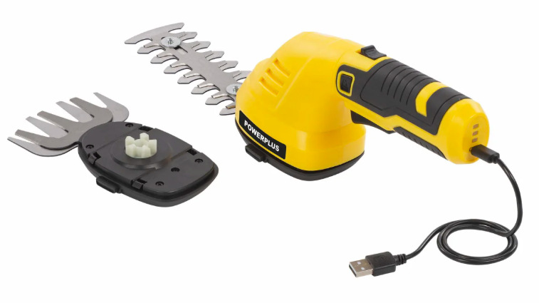 POWERPLUS POWXG2034 s USB nabíjením a oběma výměnnými nástavci pro keře a trávu