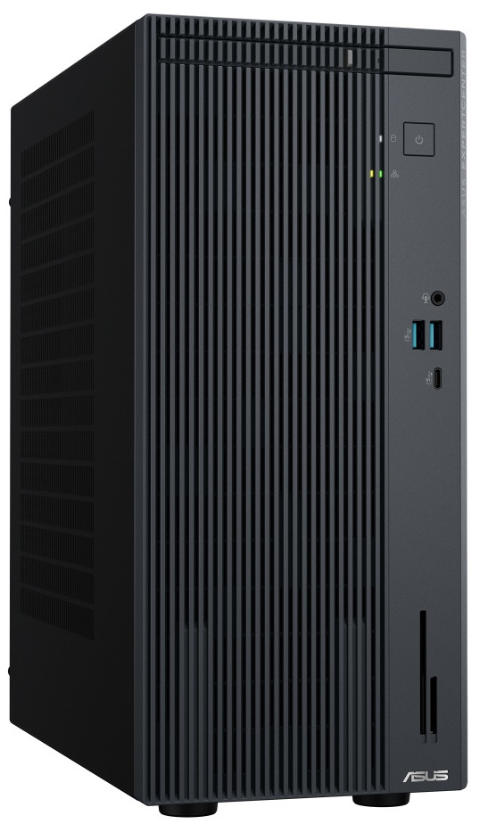 Stolní počítač Asus ExpertCenter P500 Mini Tower šedý Snímek počítače z čelní strany. Z levé strany do dvou třetin jsou svislé drážky - průduchy pro lepší větrání, vpravo dole je čtečka karet, uprostřed pravé strany jsou 3 USB porty a audio port. Nad nimi je tlačítko pro zapnutí PC a úplně nahoře je DVD mechanika.