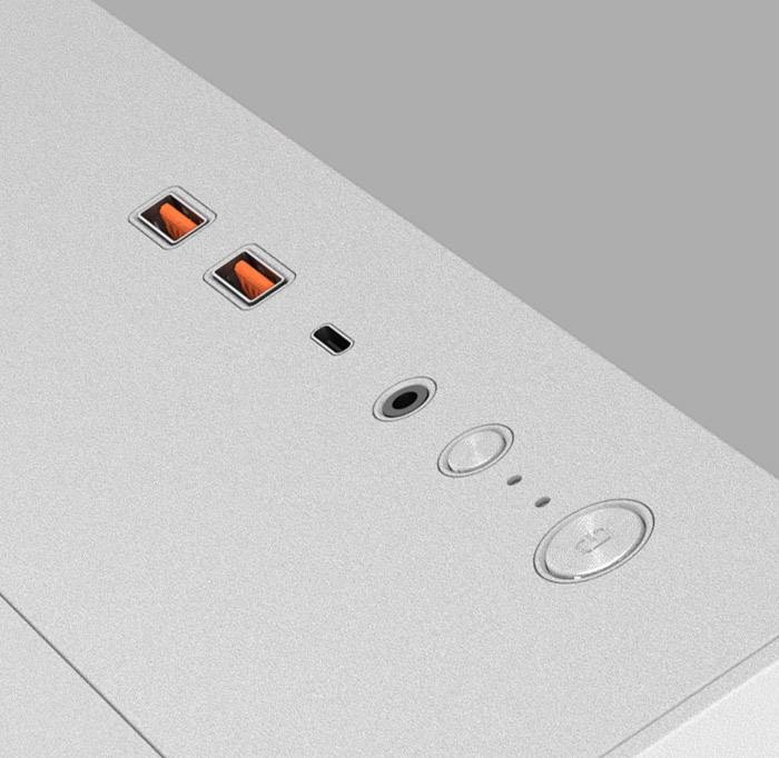 Case Cougar FV150 RGB Dual-Chamber růžová Detail horního panelu I/O skříně počítače s 1 portem USB typu C, 2 porty USB 3.0, tlačítkem napájení a tlačítkem LED/reset.