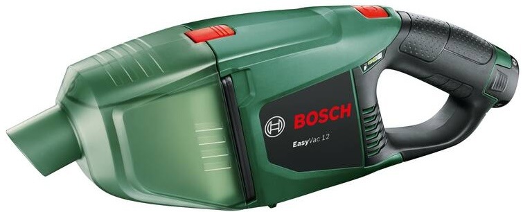 Akumulátorový vysavač Bosch EasyVac12 (s baterií) zelený Detail ručního vysavače Bosch EasyVac 12 s ergonomickou rukojetí a průhlednou nádobou