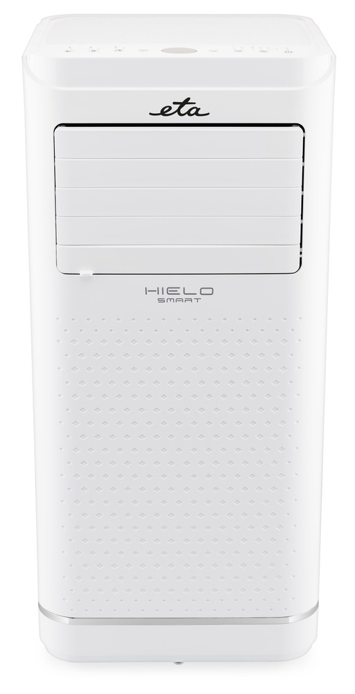 Čelní pohled na moderní bílou mobilní klimatizaci ETA Smart na bílém pozadí. Na horní části je vidět logo ETA, pod ním nápis HIELO SMART. Zařízení má lamely pro výfuk vzduchu a perforovanou spodní část
