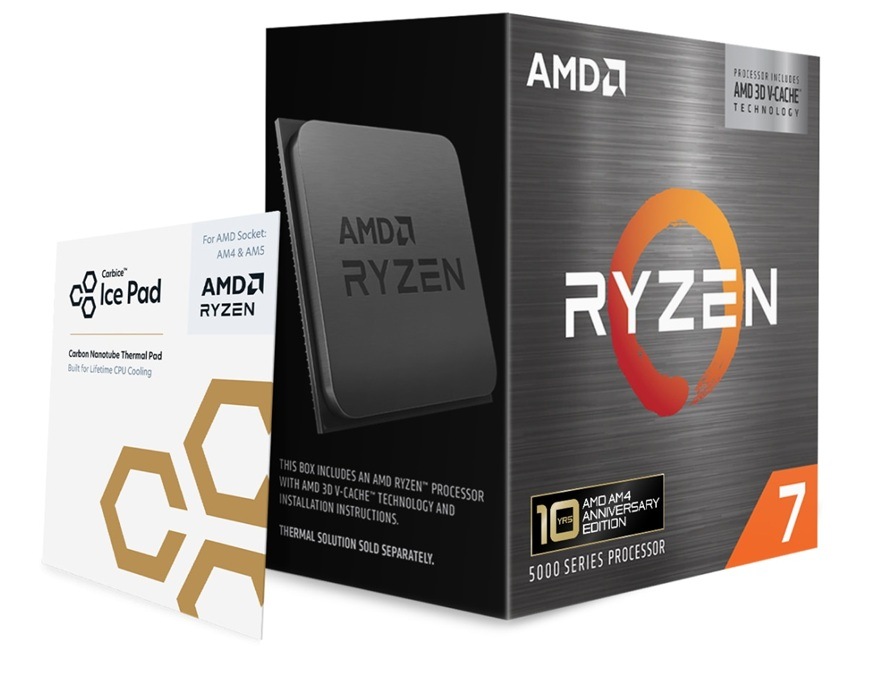 Procesor AMD Ryzen 7 5800X3D Anniversary Edition Balení procesoru AMD Ryzen 7 5800X3D 10th Anniversary Edition s teplovodivou podložkou Carbice Ice Pad.