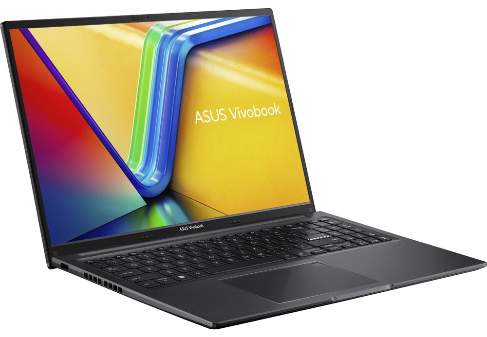 Otevřený a zapnutý notebook Asus Vivobook 16 otočený doleva