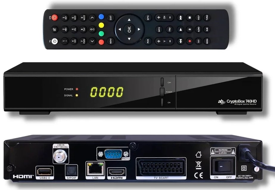 Pohled na satelitní přijímač AB Cryptobox 740HD zepředu, zezadu a nechybí ani dálkové ovládání.