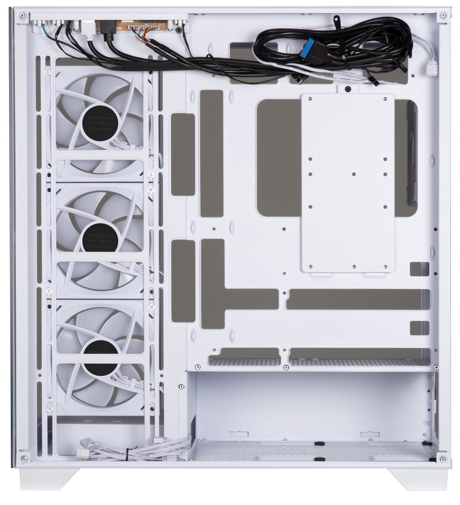 Case BitFenix CETO Premium bílá Boční pohled do skříně. Vidíme pozice pro usazení komponentů a 3 svítící usazené ventilátory. V horní části vidíme připravenou kabeláž.