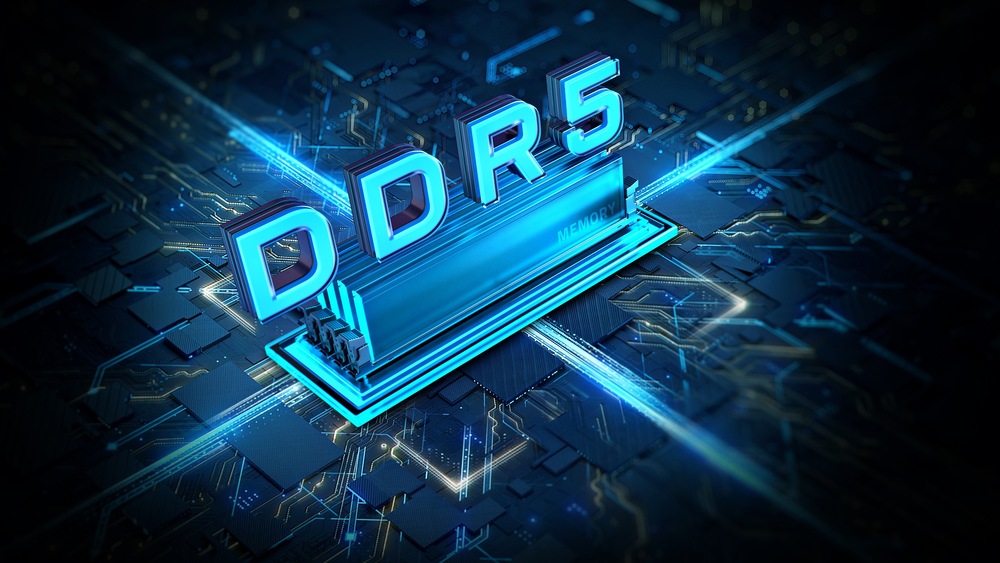 Základní deska GIGABYTE TRX50 AERO D Futuristický obrázek s textem „DDR5“ zářícím modře na tmavém pozadí podobném obvodu, vyjadřujícím pocit pokročilé technologie a rychlosti.