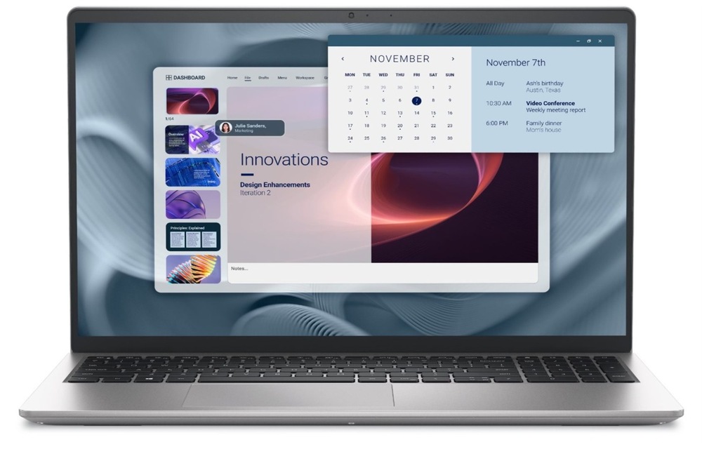 Otevřený a zapnutý notebook Dell Pro 15 Essential PV15250