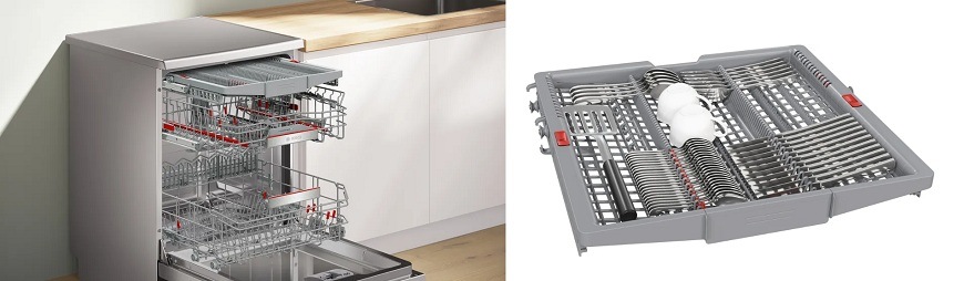 Otevřená myčka Bosch, koše Max Flex Pro a příborová zásuvka 