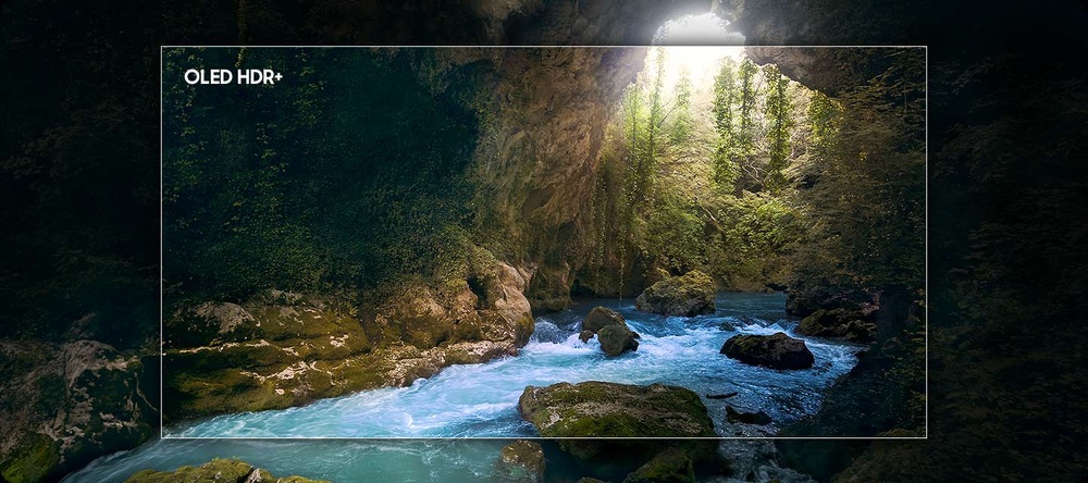 Televize Samsung QE48S92F Fotografie řeky, orámovaná vnitřní oblast má vyšší kontrast a živější barvy, OLED HDR+