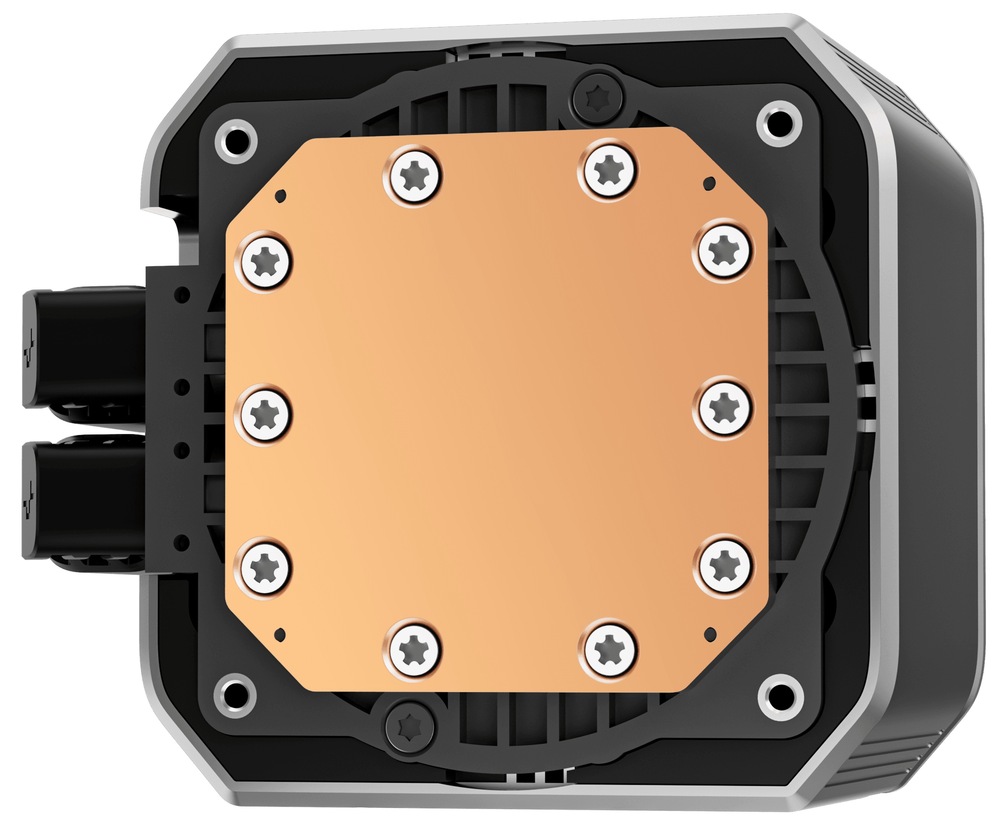 Vodní chladič DeepCool MYSTIQUE 360 ARGB černý Snímek pumpy 5. generace. Spodní strana s měděným coldplate pro lepší odvod tepla.