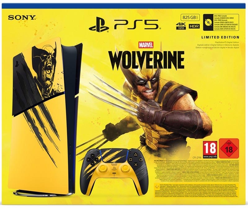 Obrázek balení Sony PlayStation 5 Digital (Marvel’s Wolverine Battle Yellow Limited Edition Bundle. 