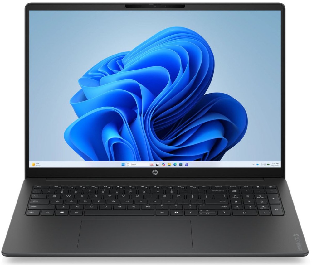 Notebook HP Omnibook 3 16-bu0612ncx + Game Pass předplatné na 2 měsíce šedý Notebook HP OmniBook 3 s otevřeným displejem a klávesnicí zepředu