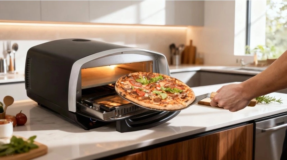 Pizza vyjmutá z pece pomocí lopatky.