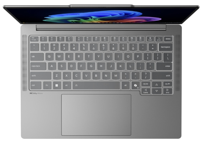 Notebook Lenovo IdeaPad Pro 5 14IAH10 šedý Pohled shora na klávesnici a touchpad notebooku Lenovo IdeaPad Pro 5 14IAH10