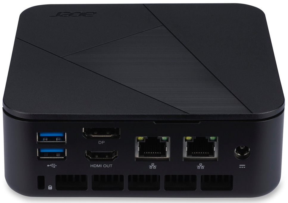 PC mini Acer Veriton N1502G-13U5U černý Pohled na porty na zadní stěně PC. Jsou zde: Thunderbolt 4 (USB-C), 4× USB 3.2 Gen 2 pro periferie a zároveň HDMI 2.0 + DisplayPort 1.4 pro monitor, 2× LAN 2,5GbE porty.