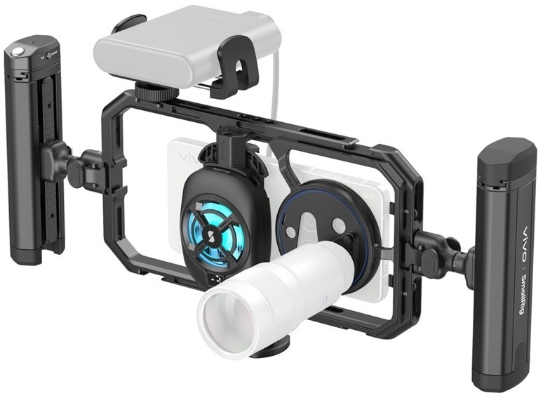 Držák na mobil s video sadou vivo SmallRing Video Kit v černém provedení s dvojitou rukojetí a nasazeným teleobjektivem