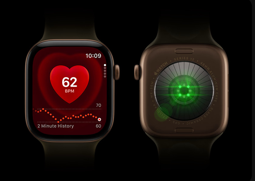 Chytré hodinky Apple Watch Series 12 GPS 42 mm světle zlatý hliník, pískový sportovní řemínek - S/M Apple Watch Series 12 sledují tepovou frekvenci až 60× častěji