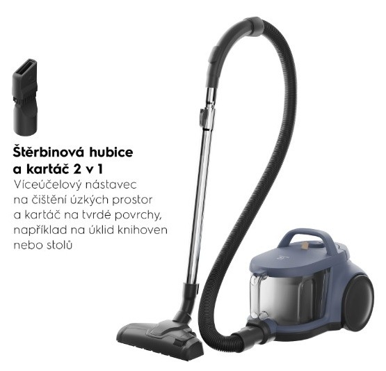 Podlahový vysavač Electrolux 300 EL31C1LDB modrý Přehled příslušenství k vysavači Electrolux EL31C1LDB série 300 – štěrbinová hubice a kartáč 2 v 1