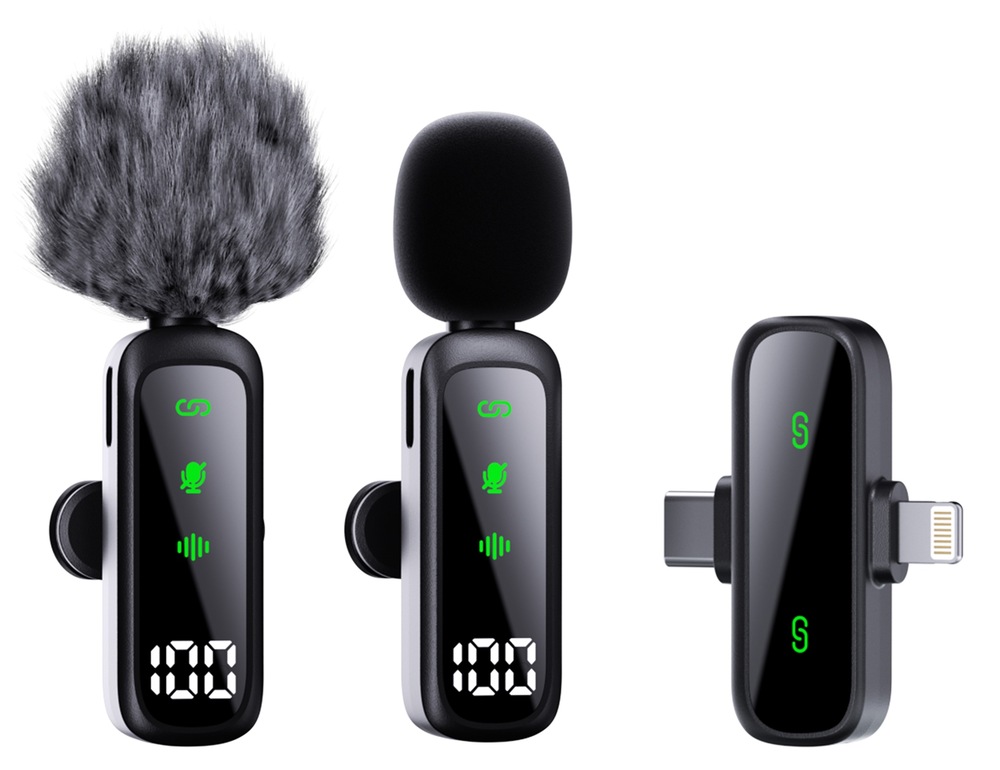 Mikrofon WG 2 in 1 Wireless Microphone PRO černý Fotografie zobrazující použití dvou protihlukových nástavců a přijímač