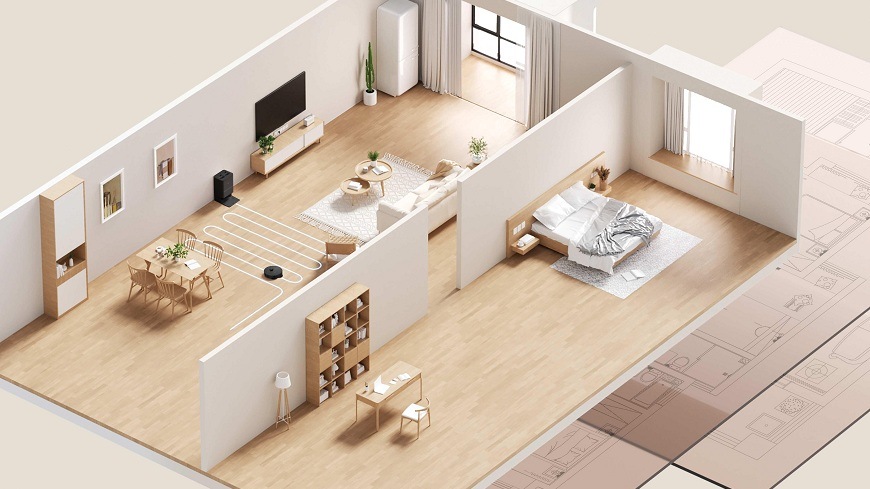 model bytu s místnostmi, ve kterých se pohybuje robotický vysavač Hoover HG870HU 011