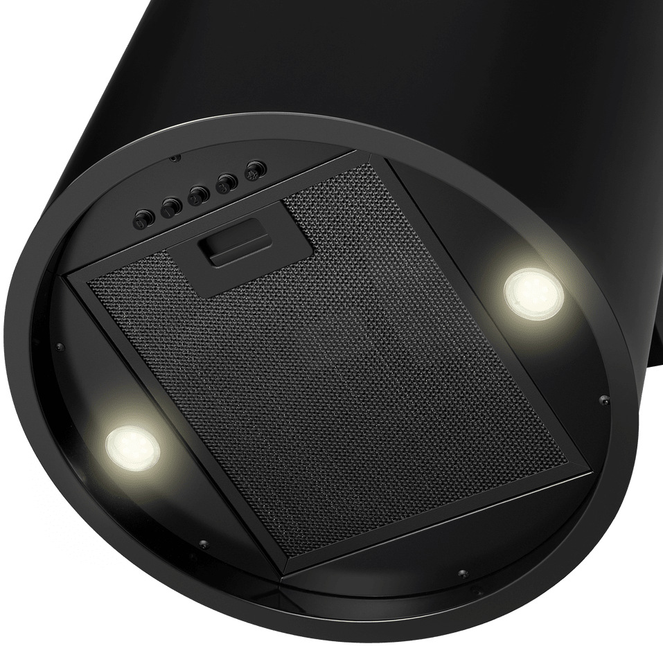 Detail rozsvíceného LED osvětlení a filtru na spodní straně válcové digestoře.
