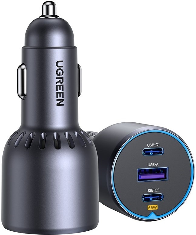 Adaptér do auta UGREEN 2×USB-C, USB, 75 W - šedý