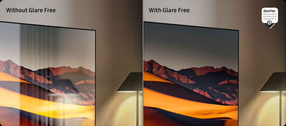 Televize Samsung QE85QN900F Dva stejné orbázky vedle sebe, televizní obrazovka, vedle které je rozsvícená lampa, vlevo televize se standardní obrazovkou, na které se odráží světlo lampy, vpravo televize s úpravou Glare Free, obrazovka je bez odrazu