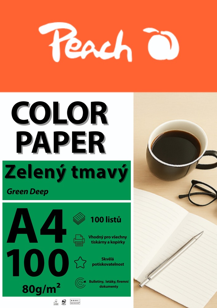 Papíry do tiskárny Peach Color A4 - 100 listů (tmavé) zelené Papíry do tiskárny Peach Color A4 - 100 listů (tmavé) zelené