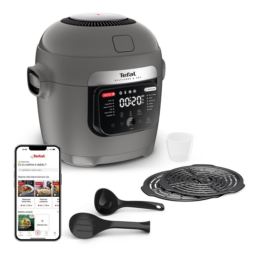 Multifunkční hrnec Tefal MY731BF0 s digitálním displejem a příslušenstvím včetně roštu odměrky a lžic spolu s mobilní aplikací s recepty.