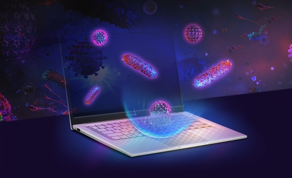 Ilustrace antimikrobiální ochrany povrchu notebooku ASUS Vivobook 14