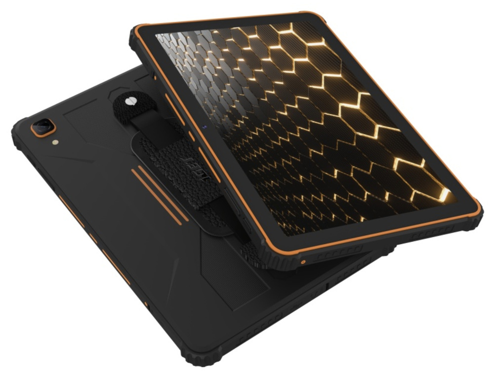 Dotykový tablet iGET Smart RT2 6 GB / 128 GB černý/oranžový Černo-oranžový tablet iGET Smart RT2 v šikmém pohledu na přední a zadní část