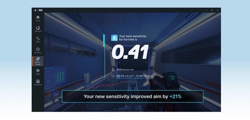 Rozhraní SteelSeries GG s výsledkem hledání citlivosti pro Fortnite v nástroji 3D Aim Trainer