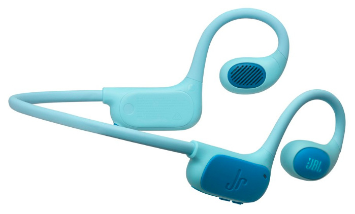 Sluchátka JBL Junior FREE modrá/zelená Detail uchycení za ucho a zvukového výdechu dětských sluchátek JBL Junior FREE