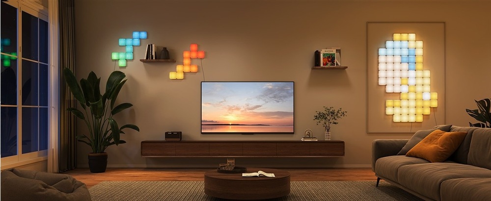 LED panely umístěné na stěně v obývacím pokoji.