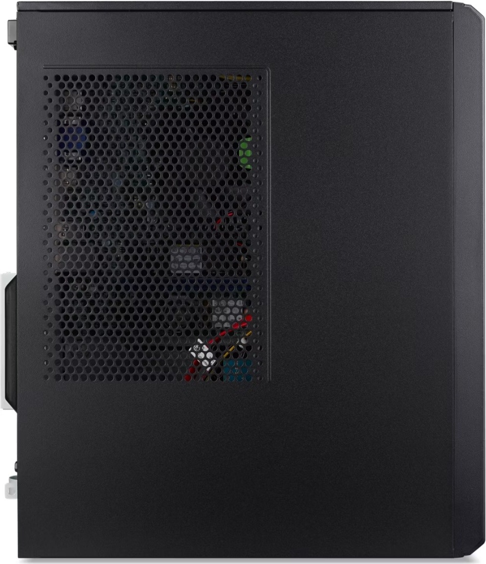 Stolní počítač Acer Veriton S2735G W FR300W 92+ černý Na obrázku je stolní počítač Acer Veriton S2735G z bočního pohledu. Skříň má černé matné provedení a velkou perforovanou větrací mřížku na levém bočním panelu, přes kterou jsou částečně vidět vnitřní komponenty. Přední část skříně je lehce vystouplá a tvarovaná do hranatého kancelářského designu. Snímek zdůrazňuje hlavně boční odvětrávání a kompaktní konstrukci počítače.