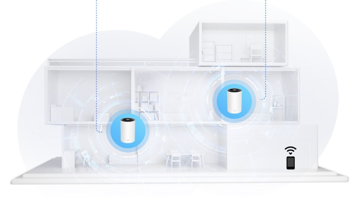 Mesh jednotky Deco PX10 propojené v jedné síti pro Wi-Fi připojení při pohybu po domě