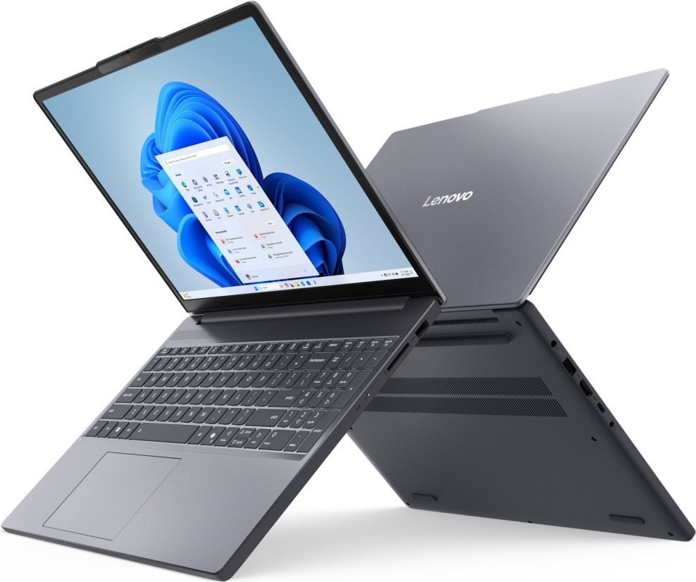 Notebook Lenovo IdeaPad Slim 3 15ARP10 šedý Notebook Lenovo IdeaPad Slim 3 zepředu a zezadu s viditelnými porty na obou stranách