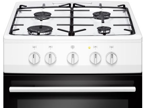 Plynový sporák Amica SPP 101 W bílý Detail plynové varné desky sporáku Amica se čtyřmi hořáky a ovládacími knoflíky.