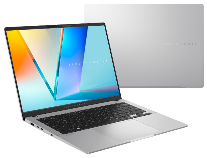 Otevřený a zavřený ASUS Vivobook S 14 se stříbrným hliníkovým šasi