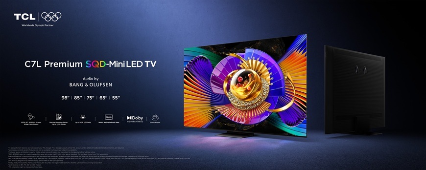 Televize TCL 85C7L z řady C7L Premium QD MiniLED s výrazně barevným obrazem, zobrazená zepředu i zezadu s důrazem na tenký design a moderní technologie.
